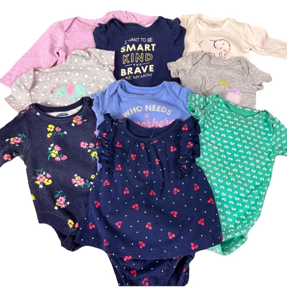 Carter's Old Navy Baby Girl Bodysuit Lot 9pc SZ 0-3M Multicolor Floral Elephant